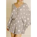 Gray Star Print Crinkle Textured Kimono Ruffle ...