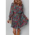 Green Floral Friled V Neck Puff Sleeve Ruffled ...