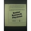 1966 United Aircraft Research Laboratories Ad - Senior Research Physicist