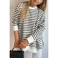 Black Stripe Raglan Sleeve Side Slits Loose Swe...