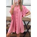 Pink Ruffled Short Sleeve Buttoned Denim Mini D...