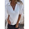 White Crinkled Lace Splicing Sleeve Collared V ...