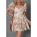 White Vibrant Floral Bubble Sleeve Sweetheart N...