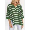 Green Stripe Henley Buttoned Placket Drop Shoul...