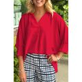 Fiery Red V Neck Collared Shirred 3/4 Sleeve Ov...
