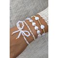 White Bow Knot Heart Shape Faux Pearl Beaded Br...