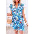 Sky Blue Floral Flutter Sleeve V Neck Ruffled D...