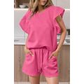 Bonbon Textured Ruffled Sleeve Tee and Drawstri...