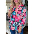 Pink Floral V Neck Roll Tab Sleeve Blouse