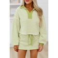 Green Stripe Collared V Neck Drop Shoulder Pull...