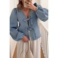 Dusk Blue Tied Front Long Puff Sleeve Denim Top