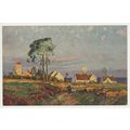 Village by Sea Landscape with Sun Art painting ...