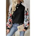 Black Floral Patchwork Long Sleeve Ribbed Blouse
