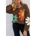 Coffee Big Flower Pattern V Neck Drop Shoulder ...