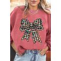Strawberry Pink Checkered Bow Print Ribbed Crew...