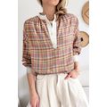 Pink Colorblock Plaid Patchwork Henley Blouse