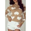 Khaki Contrast Heart Pattern Round Neck Sweater