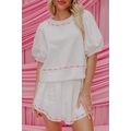 White Contrast Bow Trim Pearl Puff Sleeve Blous...