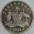 AUSTRALIA 1921 Threepence, No 'M' under date, 9...