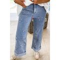 Dusk Blue Foiled Star Patchwork Straight Leg Lo...