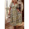 Multicolour Vintage Floral V Neck Short Puff Sl...