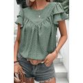 Laurel Green Dotted Ruffle Sleeve Crew Neck Ruc...