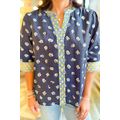 Blue Floral Print Half Sleeve Contrast Trim V N...