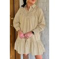 Brown Stripe Collared Neck Cuffed Long Sleeve D...