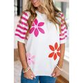 White Floral Pattern Striped Sleeve Sweater T S...