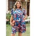 Blue Abstract Print Shirred Ruffled Short Sleev...