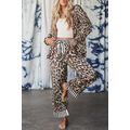 Khaki Leopard Print Colorblock Striped Edge Shi...