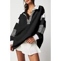 Black Striped Colorblock Patchwork Collar Sweat...