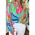 Green Abstract Printed Flounce Sleeve V Neck Bu...