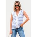 Sky Blue Stripe V Neck Gold Buttons Elegant Swe...
