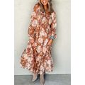 Brown Floral Print Shirred Square Neck High Wai...