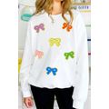White Chenille Bowknot Patched Graphic Crewneck...
