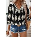 Black Vintage Geometric Printed 3/4 Sleeve V Ne...