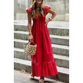 Fiery Red V Neck Flutter Sleeve Smocked Bodice ...