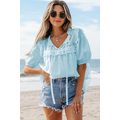 Mist Blue Embroidered Lace Patchwork Tie Neck P...