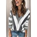 Gray Striped Colorblock V Neck Knitted Sweater
