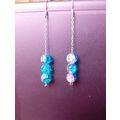 Silver Pink And Blue Bead Drop Earrings