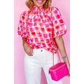 Pink Abstract Print Button Back Ruffed High Nec...