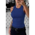 Blue Solid Round Neck Ribbed Tank Top