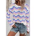 Purple Stripe Wavy Pointelle Knit Drop Shoulder...