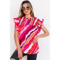 Rose Abstract Print Shirred Yoke Ruffled Blouse