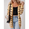 Beige Striped Pom Pom Knit Open Front Long Card...