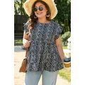 Black Leopard Print Ruffled Short Sleeve Keyhol...