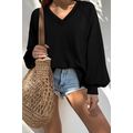 Black Exposed Seam Textured Knit V Neck Pullove...