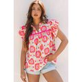 Rose Floral Ruffled Sleeve Ric-rac Trim Split N...