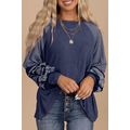 Navy Blue Contrast Print Striped Raglan Long Sl...